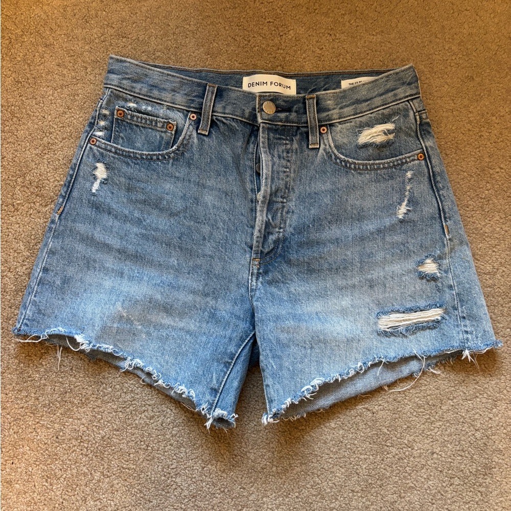 Denim Forum Ex Boyfriend High Rise Distressed Mid Thigh Shorts